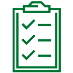 a green line drawing of a clipboard with a checklist