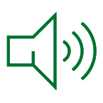 green line drawing of a speaker emitting sound