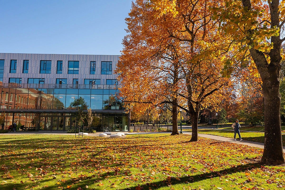 Sunny day on Eugene campus with orange and yellow leafed tree in front of tykeson. 