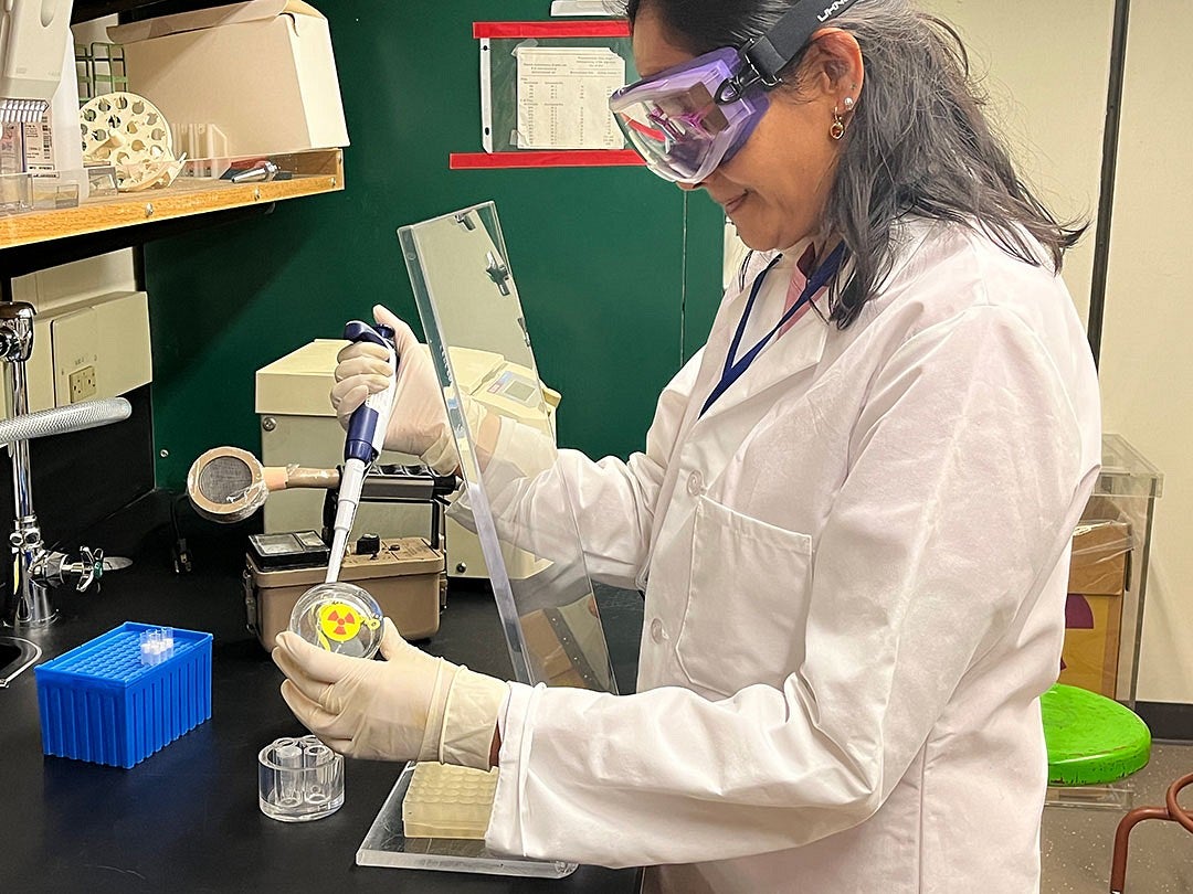 Researcher wearing eye protection, gloves, lab coat working behind radiation shield. Using geiger counter, pipettes, and other lab equipment. 