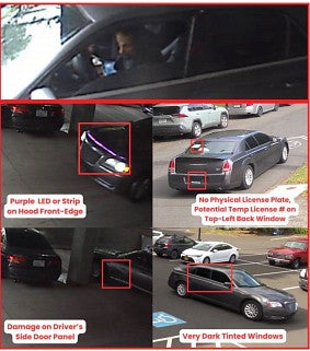 Photos of Gray Chrysler 300 vehicle and suspect 