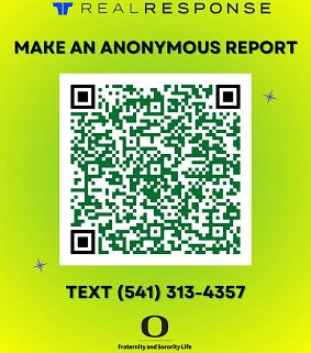 This image is a QR code that can be scanned to redirect you to the University of Oregon Real Response reporting page.