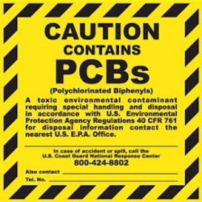 Yellow label with black striped border. Caution Contains PCBS written at top, special handling required, EPA regulation 40 CFR 761. Contact nearest EPA office for disposal information. 