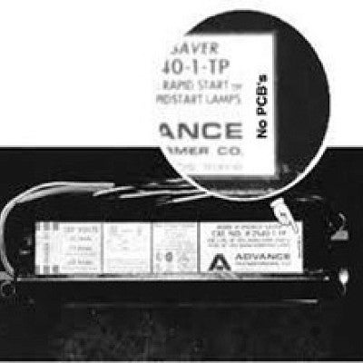 Black and white label emphasizing No PCBs on right side. 