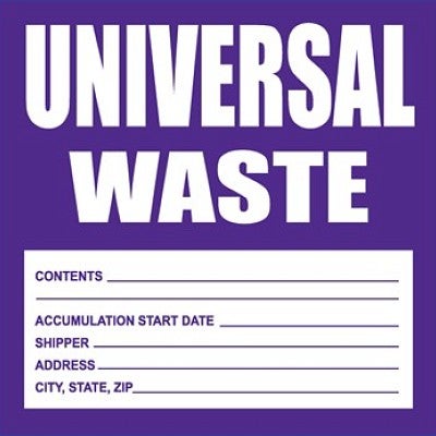 Purple label with Universal Waste at top, space below for contents, accumulation start date, shipper, and address